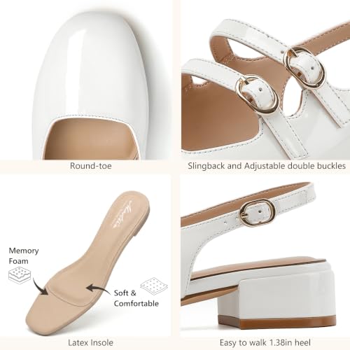 Image of Mostrin Mary Jane Shoes Women Slingback Chunky Low Heels for Women Closed Rounded Toe Ankle Strap Pumps Daily Wedding Party Dress Shoes