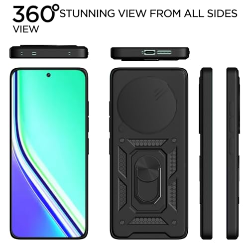 Image of Outlouders Back Cover for Realme P3 Pro 5G | D10 Tough Armor 360 Protection Case with Sliding Camera Shield & Ring Holder Stand Bumper Case (Black)