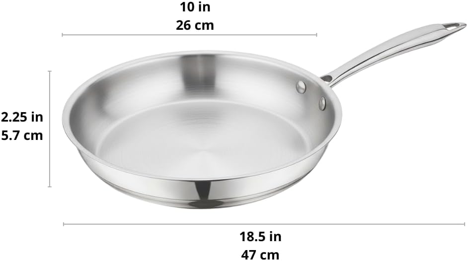 10 Inch Stainless Steel Frying Pan with Lid, Tri-Ply Clad Skillet, Non-Toxic No Coating, Induction Compatible, Oven & Dishwasher Safe