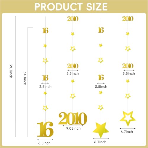 Image of Eucutur Gold Sweet 16 Party Decorations for Boys Girls, Pre-Strung Glitter Twinkle Number 16 Years Old Vintage 2010 Hanging Streamer Banner Party Supplies, Gold Happy 16th Birthday Gift Decor