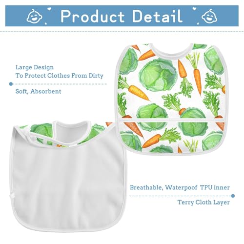 MCHIVER Carrot Vegetable White Baby Bibs for tag1 Waterproof Feeding Bib Apron with Food Cather Adjustable Cotton Food Eating Bib 2 Pack3