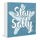 Beach Wooden Box Sign Decor, Starfish and Summer Decor Stay Salty Wood Block Plaque Sign Farmhouse Home Bedroom Bathroom Beach House Shelf Wall Decoration