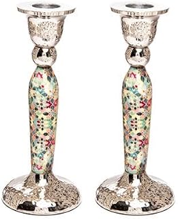 Yair Emanuel Modern Pillar Candle Holders 6.5 Inch | Shabbat Candlestick Holders | Colorful and Intricate Design Set of Two Judcaia Gift (Diamonds Multicolor CSV-5)