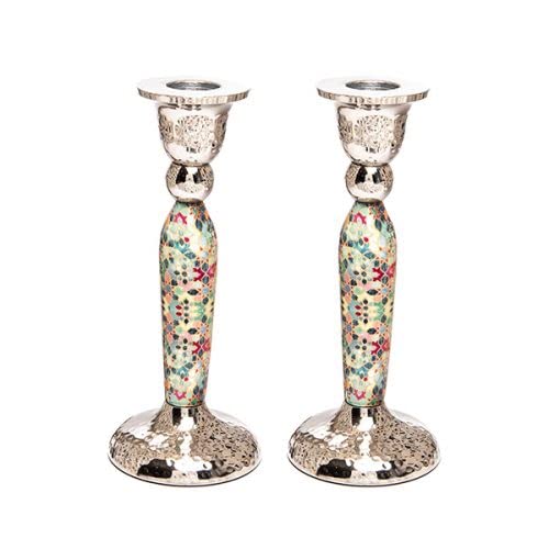 Yair Emanuel Modern Pillar Candle Holders 6.5 Inch | Shabbat Candlestick Holders | Colorful and Intricate Design Set of Two Judcaia Gift (Diamonds Multicolor CSV-5) by EMANUEL - Used condition - US$61.12