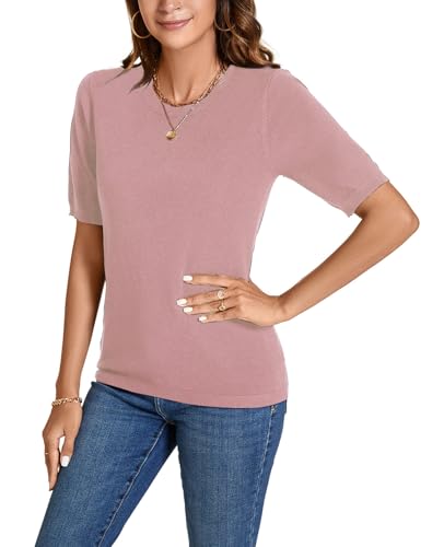 Image of Womens Short Sleeve Sweaters Tops Crew Neck Pullover Shirt Lightweight Knit Sweater Blouse