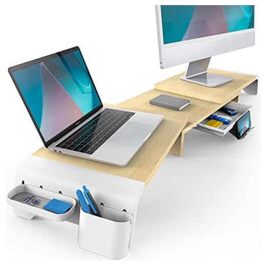 Fenge Soporte Monitor de Longitud y Ángulos Ajustables para 2 Monitores Elevador Monitor de Madera con Cajón, Cajas de Almacenamiento Móviles 74-107x 23,5X 8,9cm Blanco G04B1101C