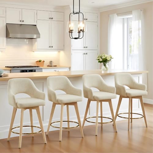 Image of Zesthouse Swivel Bar Stools Set of 4, Wooden Counter Height Bar Stools with Arm & Back, Upholstered Linen Fabric Barstools with Solid Wood Legs & Gold Metal Ring, High Chairs for Kitchen Island, Beige