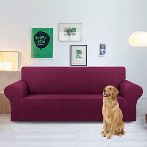 KEKUOU Stretch Oversized Sofa Slipcover 1 Piece Couch Sofa Cover (94"-110") Furniture Protector 4 Seater Sofa with Elastic Bottom for Kids,Pet.Jacquard Checked Pattern Fabric(X Large,Wine)