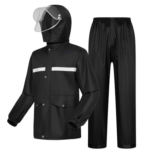 OPLERT Chubasquero impermeable para hombre,Chubasquero con capucha desmontable y pantalón de lluvia,Chubasquero reflectante para exterior,Chubasquero cortaviento