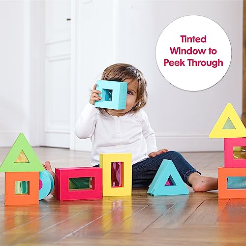 Image of Edushape Color Window Blocks - Set of 12 Baby Soft Blocks with Peek-a-Boo Tinted Window - Large Colorful Building Blocks for Toddlers 1-3 - Stacking Blocks for Construction Play and Child Development