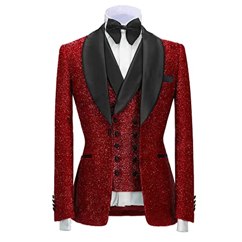 Sxfashbrd Men's Blazer Suits 3 Piece Slim Fit Set Bling Bling Blazer Jacket Groomsmen Tuxedos Suit for Wedding Formal Party