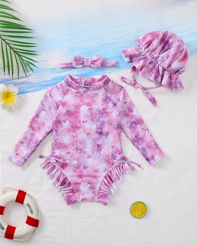 Image of Renotemy Baby Girls Swimsuit Drawstring Zip Bathing Suit Long Sleeve One-Piece Rash Guard Swimwear with Hat for Infant Girl