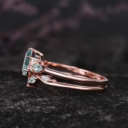 10K 14K 18K Rose Gold 2CT Natural Moss Agate Engagement Ring Set for Women 925 Sterling Silver Genuine Hexagon Green Moss Agate Leaf Art Deco Bridal Wedding Ring Set (Size 4-15)-23