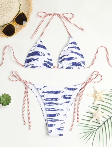 Image of ZAFUL Womens Printed Triangle Bikinis 2 Piece Halter Bikini Sets High Cut Bathing Suit Side Tie Swimsuits