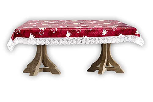 Image of The Furnishing Tree Waterproof PVC Rectangle Shaped 2 Seater Table Cover WxL 45x70 inches Floral Pattern Red with White Border lace