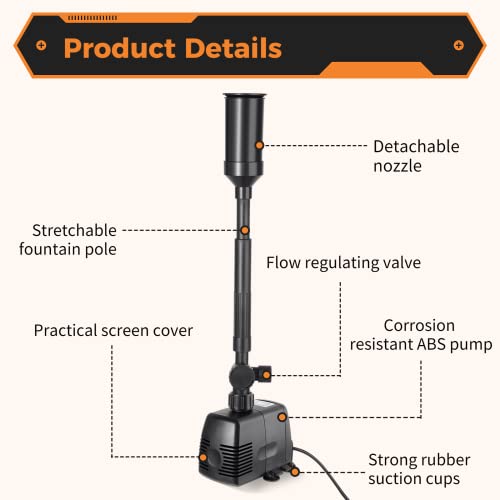 Toyosport 28W Submersible Pond Filter Pump, 370Gph Fountain Pump With 5 Nozzles, Water Pond Cleaning System With Adjustable Height, Outdoor Water Pump With 22.6Ft Power Cord For Aquariums, Fish Tank #TOP3