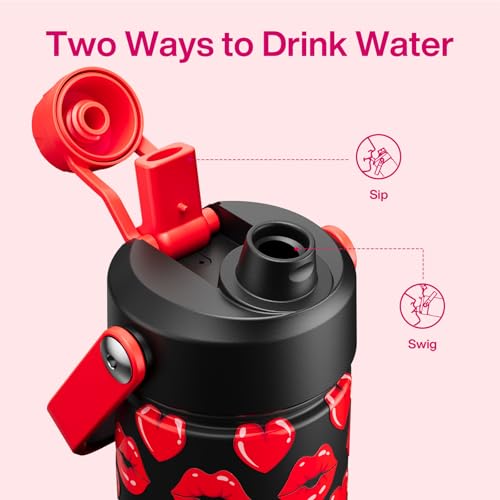 Image of ENCOOL Insulated Water Bottle with Straw Stainless Steel Water Bottle, Leak-Proof, BPA-Free, Keeps Cold for 24 Hours for Sports, Travel, School (26 oz, Kiss Hearts Red x Black)