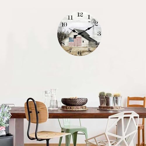 Image of XFM Small Farmhouse Wall Clock 10 Inch Silent | Non-Ticking Battery Operated American Flag Rustic Barn Wooden Decorative for Kitchen Bedroom Office