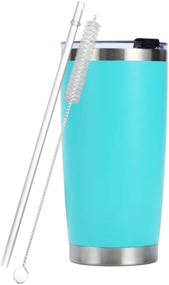 20 oz Stainless Steel Vacuum Insulated Tumbler with Double-Wall, Lid, Straw, and Straw Brush Suitable Mug for Travel, Coffee, Juice, or Water (Sky Blue)