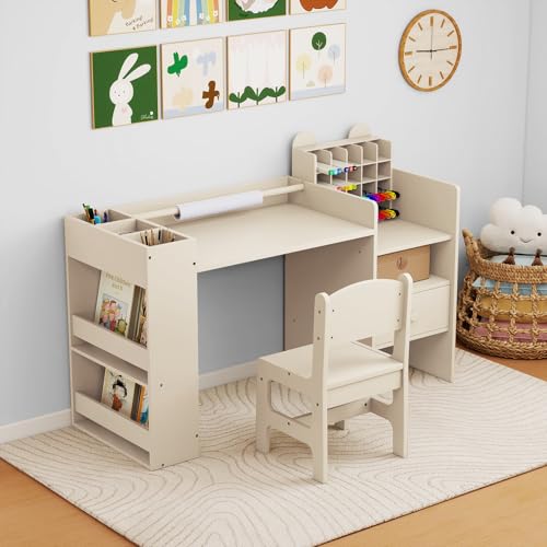 Image of Costzon Toddler Table and Chair Set, 2-in-1 Art Desk Set with Paper Roll | Drawing Table and Stool w / Cubby Cabinet, Storage Drawer and Side Book Rack for Drawing, Studying, Reading & Activity Play
