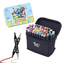 Kit Livro De Colorir Stitch Capa Dura + Canetinhas Coloridas Touch Marca Texto De 24 a 80 Cores e Tamanhos, Ponta Dupla (0,1mm e 6,0mm) – ideal para traços finos e áreas grandes (Livro + 24 Canetas)
