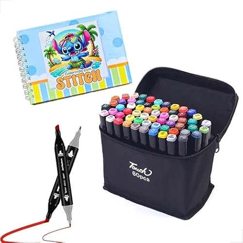 Kit Livro De Colorir Stitch Capa Dura + Canetinhas Coloridas Touch Marca Texto De 24 a 80 Cores e Tamanhos, Ponta Dupla (0,1mm e 6,0mm) – ideal para traços finos e áreas grandes (Livro + 24 Canetas)