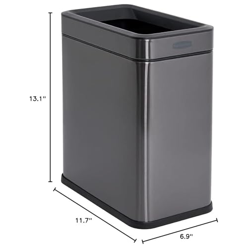 Image of Rubbermaid 2.6-Gallon Charcoal Stainless Steel Wastebasket, Slim Space-Saving Design, Ideal for Home /Office /Bathroom