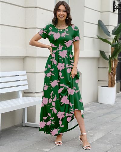 Image of COSSEN Women's Crew Neck Short Sleeve Maxi Dress with Pockets Casual Loose Swing for Wedding Guest Beach Vacation
