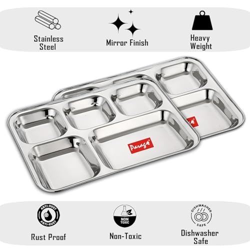 Image of Parage 2 Pieces Stainless Steel 5- Compartment Thali Set /Dinnerware /Dinner Plate Set / 5 in 1 Partition Plates /Kitchenware for Home, Restaurants, Family Use, Bhojan Thali (Silver)
