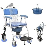 【FLEXIBILIDAD Y ESTABILIDAD】 Nuestra silla de baño ofrece una movilidad perfecta gracias a sus ruedas con frenos, lo que le permite ajustar fácilmente la dirección de desplazamiento durante su uso y garantiza un movimiento seguro por diversas superficies. Los reposapiés plegables evitan eficazmente que se vuelque, lo que mejora la estabilidad