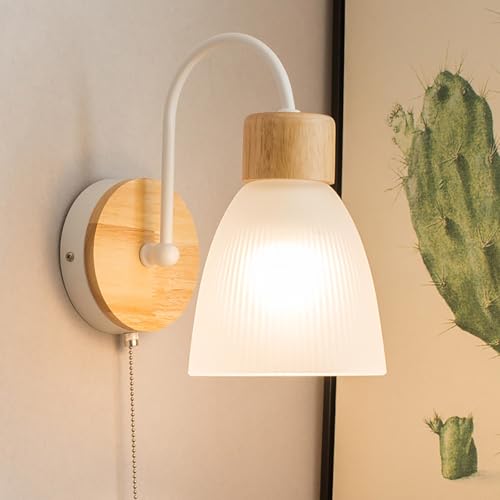 Aplique de pared E27 con interruptor de madera blanca para mesita de noche