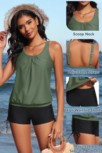 Image of Yonique Blouson Tankini Swimsuits for Women 2 Piece Bathing Suits Tops with Boyshorts Modest Loose Fit Swimwear