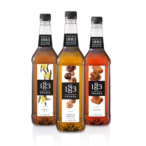 1883 Vanilla, Caramel, Roasted Hazelnut Syrups (Coffeehouse Favorites) for Coffee &amp; Drinks – 1 Liter Plastic Bottles (Pack of 3)