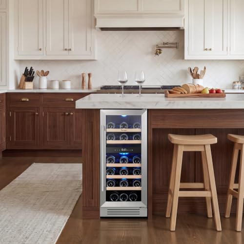 Image of Yeego 15 inch Wine Cooler - 28 Bottle Dual Zone Wine Fridge Glass Door, 40F-65F Freestanding Under Counter & Built-in Wine Refrigerator for Kitchen Hone Bar Office