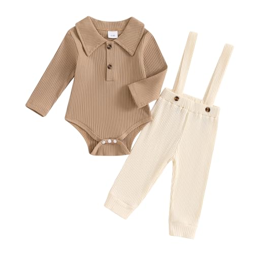 Image of Kaipiclos Newborn Baby Boy Clothes Rib Knit Long Sleeve Romper Cute Suspender Pants Solid Infant Fall Winter Gentleman Outfit