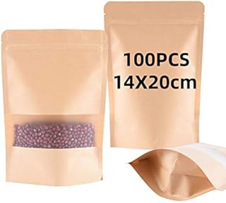 BaoWnylz 100pcs Kraft Paper Bag with Window(14x20x5cm),Resealable Stand up Pouch, Brown Paper Bags, Wholesale Food Packaging,Waterproof and Moisture-Proof, Suitable for Dried Fruit Coffee Tea Seeds