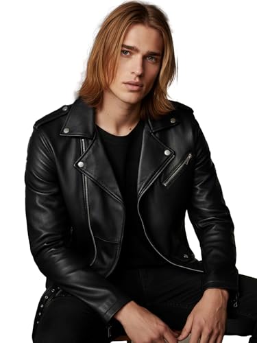 Image of Leather Retail Men's Black Leather Biker Jacket - Classic Motorcycle Style with Zipper Pockets & Belt