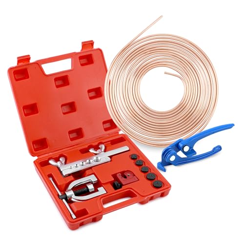 QWORK® Kit di Attrezzi per Svasatura Tubi, Linea del Freno in Lega di Rame da 7.62 m, Adattatore Multi-Dimensione + piegatubi Blu