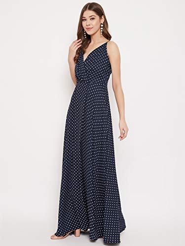 Image of Berrylush Navy Blue Polka Dot Print V Neck Maxi Dress Navy Blue Small