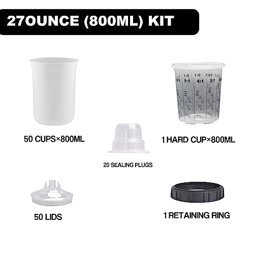 Image of Disposable Paint Spray Gun Cup Liners and Lid System 50 Liners 50 Lids 20 Plugs 1 Hard Cup with Retainer Ring Paint Sprayer Mixing Cup (125 Mic) 27 Ounce (800ml)