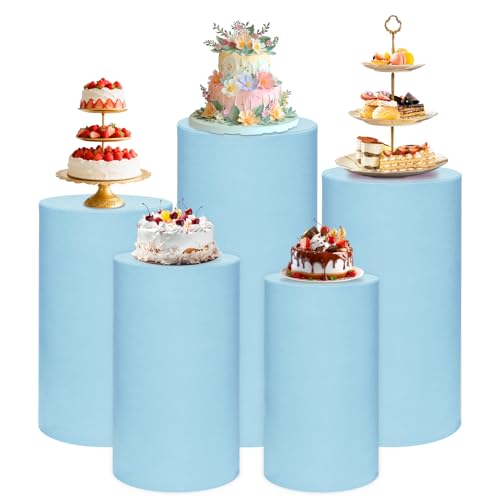 magalo Cylinder Pedestal Stand Covers Set of 5 Spandex Display Pedestal Covers Round Plinth Pillar Cover for Birthday Party Wedding Baby Shower Decor(Blue Mist,Only Covers)