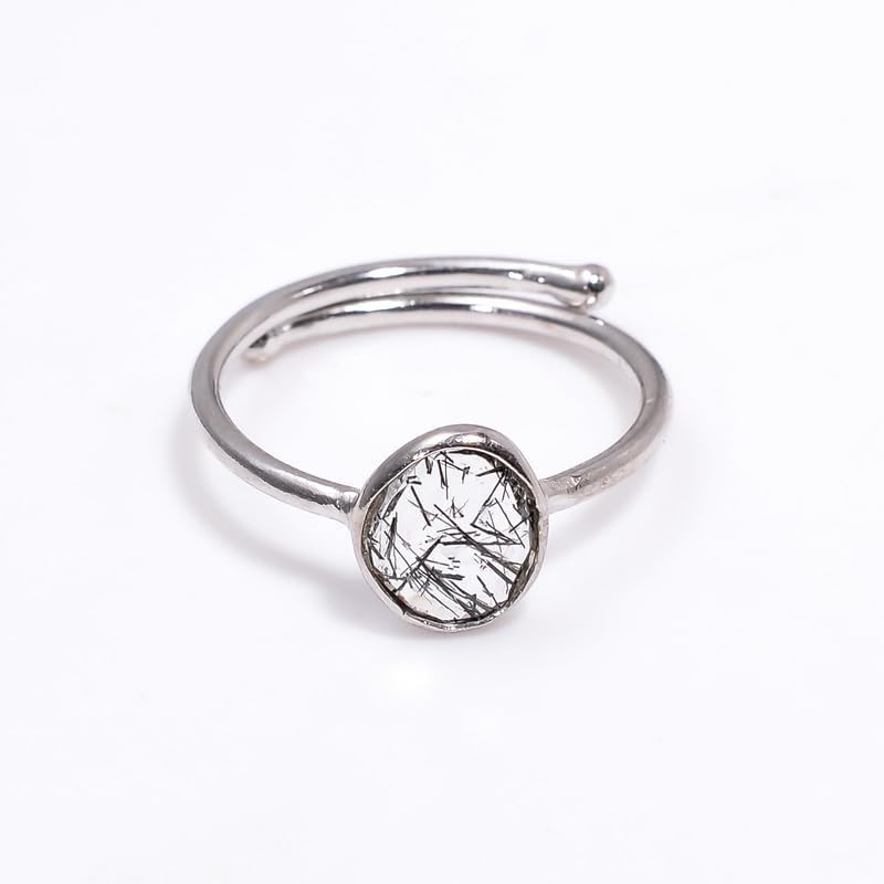 Natural Black Black Rutile 925 Sterling Silver Adjustable Wedding Engagement Ring for women