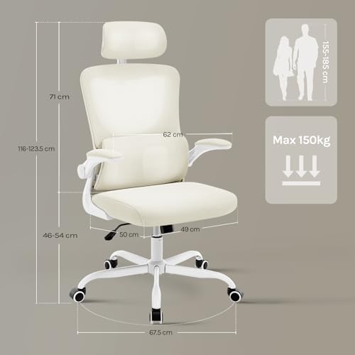 WOLTU Ergonomiczne krzesło biurowe, krzesło biurowe z funkcją bujania, regulowany zagłówek, odwracane podłokietniki, podparcie lędźwiowe, krzesło robocze do biura, krzesła biurowe 150 kg, beżowe