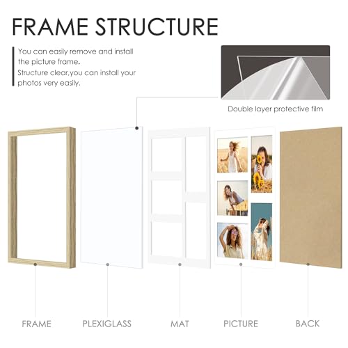 Image of DUENPY 11x14 Collage Picture Frame 4x6 Collage Picture Frame Displays Five 4x6 inch Photos or 11x14 (Without Mat) Wall Decor Wall Hanging or Tabletop Wood Color