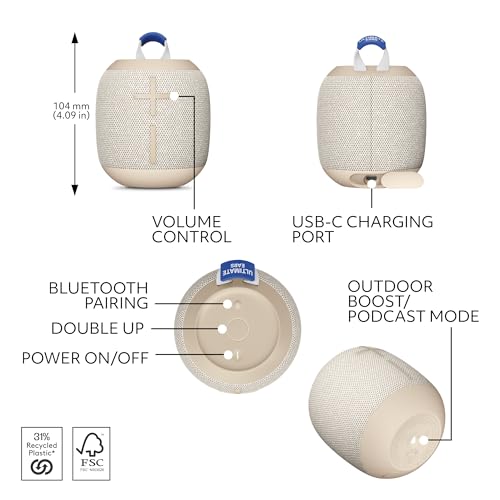 Image of Ultimate Ears WONDERBOOM 4 Portable Waterproof Bluetooth Speaker with Balanced 360-Degree Sound and Bass, Dustproof Floating Speaker with 131ft (40m) Range - Sand