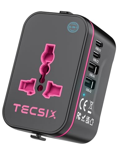 Image of Universal Travel Adapter Worldwide, TECSIX European Travel Plug Adapter with 2 USB C, 2 USB A and Multi AC Outlets, International Power Converter for EU US UK AUS 200+ Countries Type A C G I