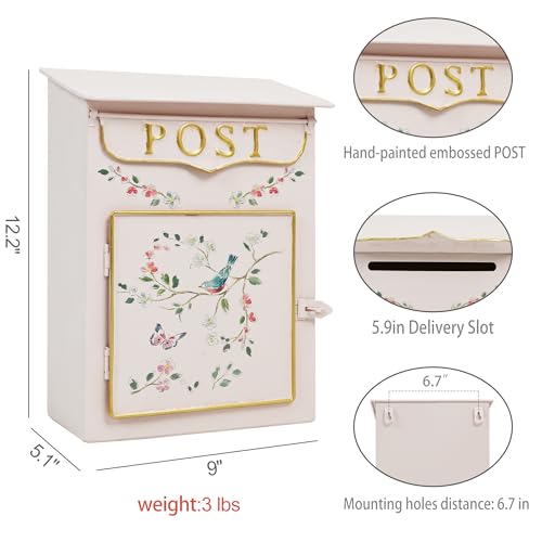 Image of Mailbox Wall Mount Mailboxes for Outside Vintage Mail Boxes for House Outside Metal Drop Box Antique Style Nostalgic Charm Home Decorative, Flower Pattern, Pink