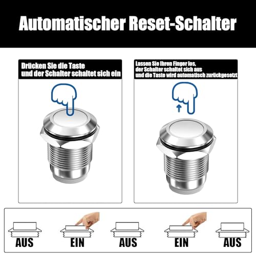 Powice 2X 22mm Taster Wasserdicht Momentaner Schalter aus Edelstahl,Druckschalter Drucktaster 5A/12V/24V/110V/230V,Geeignet für Autos, Zündanlagen, Türklingeln (Flacher Kopf), Schwarz