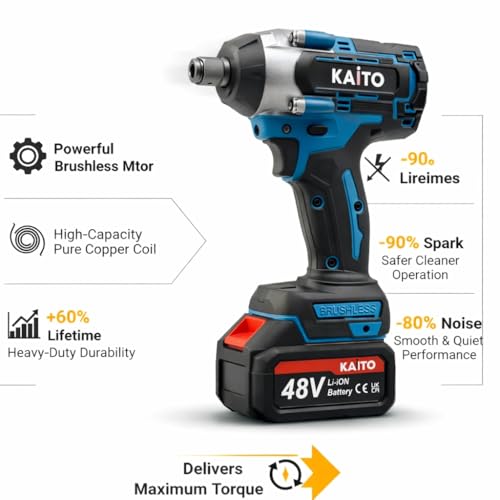 Image of KAITO Pro Series 850Nm Cordless Impact Wrench 1 /2 Inch | 48V Brushless Motor | 3500 RPM High Torque Impact Gun | Dual Battery & Fast Charger | Auto Stop | Car Tyre Removal & Garage Tool