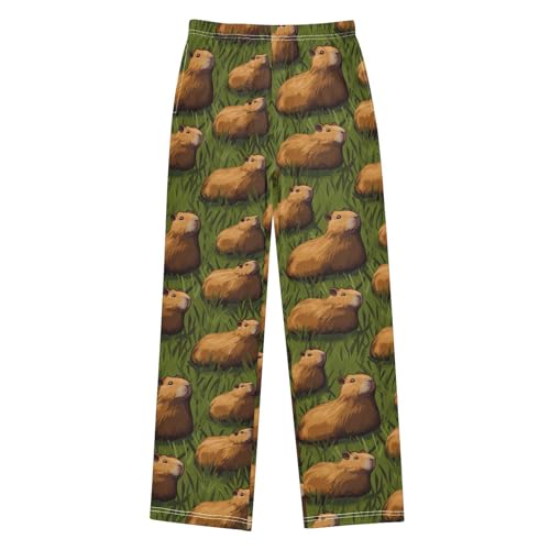 Boys' Pants Brown Capybaras Leaves Green Long Bottoms Jogger Pants Elastic Waist Trousers with Pockets S-XL